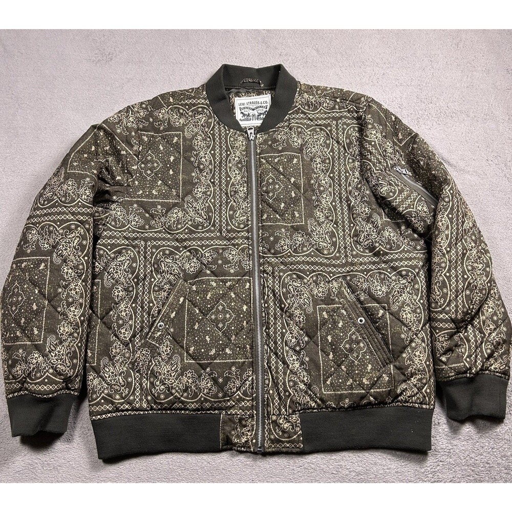 Levi's Quilted Bomber Jacket Mens XXL Olive Green Bandana Paisley Print